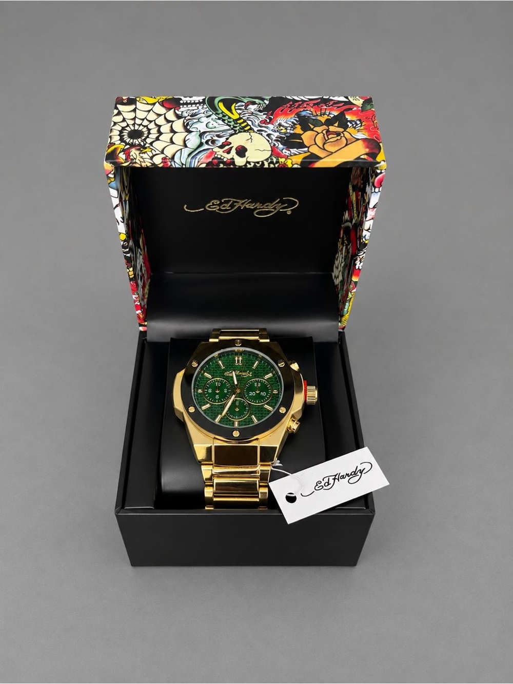 Ed Hardy Gold Men's Chronograph Watch with Green Dial